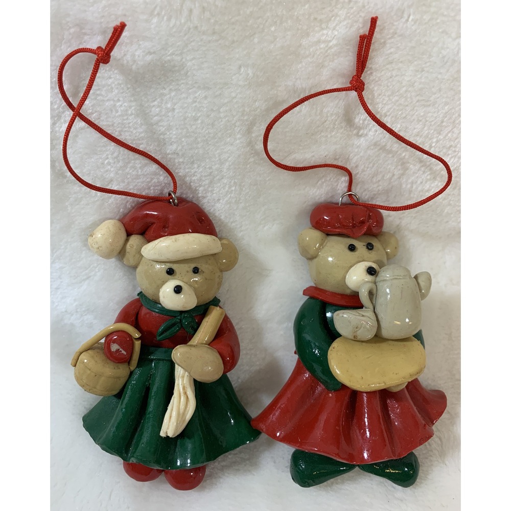 Lot Of 2 Vintage Glazed Salt Dough Type Christmas Bear Festive Holiday Ornaments
